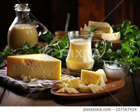 Table with board of different types of fresh cheeses, milk and herbs. AI 107567424