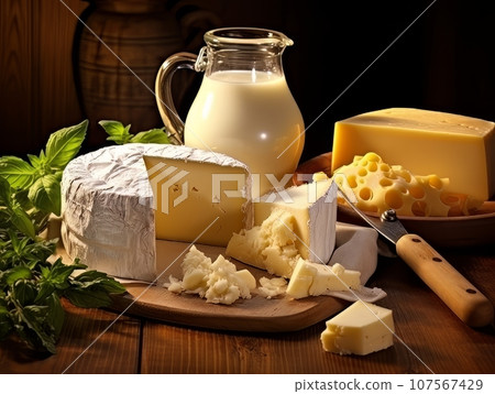 Table with board of different types of fresh cheeses, milk and herbs. AI Table with board of different types of fresh cheeses, milk and herbs. AI 107567429