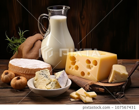 Table with board of different types of fresh cheeses, milk and herbs. AI Table with board of different types of fresh cheeses, milk and herbs. AI 107567431