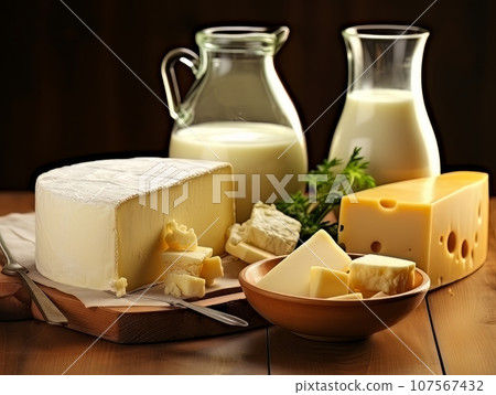 Table with board of different types of fresh cheeses, milk and herbs. AI 107567432