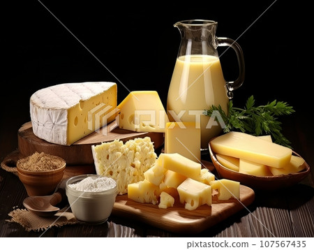 Table with board of different types of fresh cheeses, milk and herbs. AI 107567435