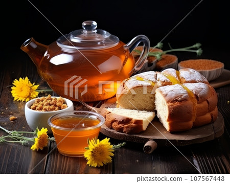 Lush fresh buns with honey and tea on the table. AI 107567448