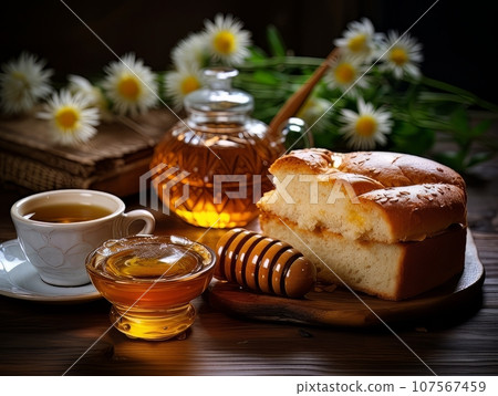 Lush fresh buns with honey and tea on the table. AI 107567459
