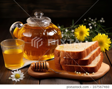 Lush fresh buns with honey and tea on the table. AI Lush fresh buns with honey and tea on the table. AI 107567460