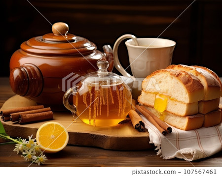 Lush fresh buns with honey and tea on the table. AI Lush fresh buns with honey and tea on the table. AI 107567461