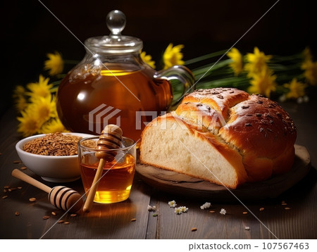 Lush fresh buns with honey and tea on the table. AI 107567463
