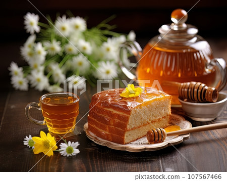 Lush fresh buns with honey and tea on the table. AI 107567466