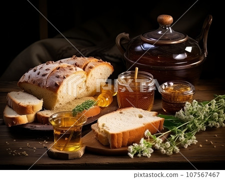 Lush fresh buns with honey and tea on the table. AI 107567467