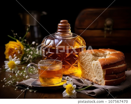 Lush fresh buns with honey and tea on the table. AI Lush fresh buns with honey and tea on the table. AI 107567470