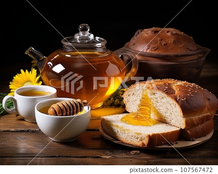 Lush fresh buns with honey and tea on the table. AI Lush fresh buns with honey and tea on the table. AI 107567472