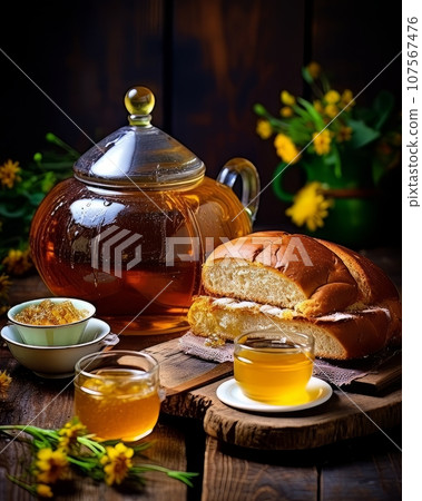 Lush fresh buns with honey and tea on the table. AI 107567476
