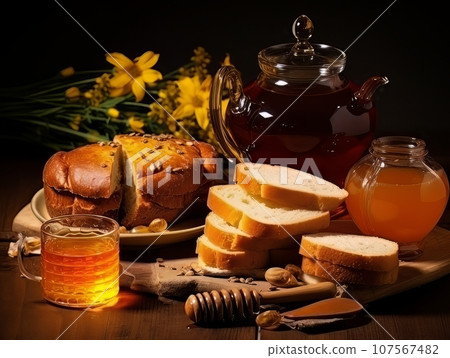 Lush fresh buns with honey and tea on the table. AI 107567482