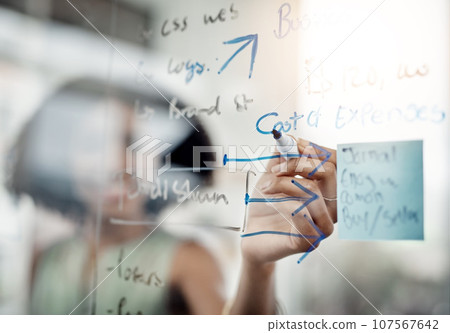 Glass wall, hands and business woman writing, strategy or planning in office. Brainstorming, board and female person write ideas, working on project and schedule, mindmap or information in workplace. 107567642