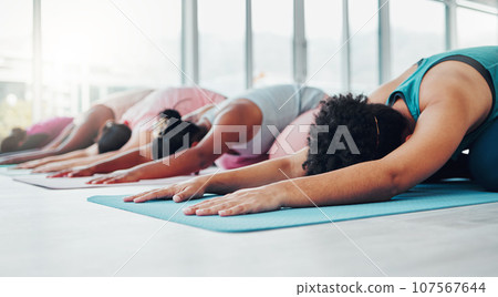 Yoga class, fitness and healthy women together for exercise, meditation and wellness. Diversity group at health studio for holistic workout, mental health and body balance for zen mindset and energy 107567644