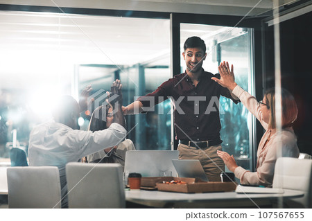 High five, celebration and business team in partnership in the office for project success. Meeting, diversity and corporate employee friends with achievement to celebrate together in modern workplace High five, celebration and business team in partnership in the office for project success. Meeting, diversity and corporate employee friends with achievement to celebrate together in modern workplace 107567655