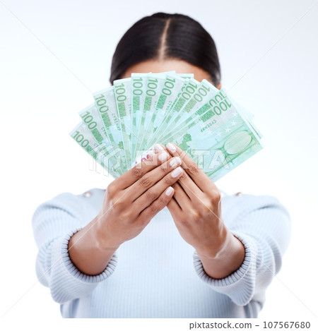 Euro money, hands and studio woman with lottery award win, competition giveaway or bonus cash payment. Finance trading bills, financial freedom or prize winner with person hidden on white background 107567680