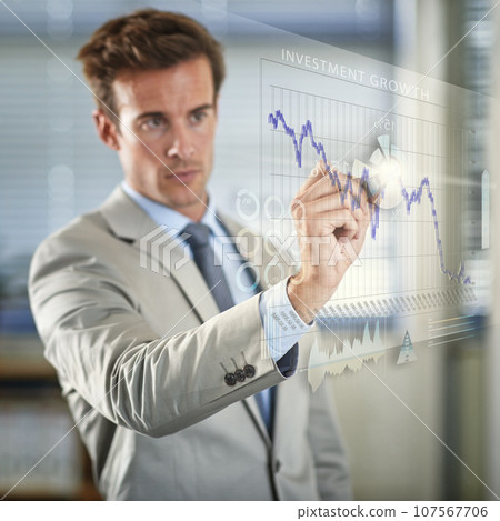 Hologram, business and man with charts futuristic and digital planning with software or brainstorming with growth. Male agent, employee or entrepreneur with data analytics, investment and holographic Hologram, business and man with charts futuristic and digital planning with software or brainstorming with growth. Male agent, employee or entrepreneur with data analytics, investment and holographic 107567706