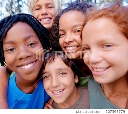 Portrait, diversity and group with happiness, outdoor and teamwork with joy, wellness and kids with support. Face, young people and friends on a weekend break, multiracial and playful at summer camp Portrait, diversity and group with happiness, outdoor and teamwork with joy, wellness and kids with support. Face, young people and friends on a weekend break, multiracial and playful at summer camp 107567779