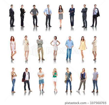 Diversity, different and professional employees standing in white background for employment or qualifications. People, happy workers and career success motivation or future vision isolated in studio Diversity, different and professional employees standing in white background for employment or qualifications. People, happy workers and career success motivation or future vision isolated in studio 107568703
