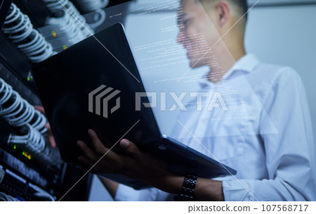 Laptop, server room technician and man programming cloud computing network, fix cable system or data center. Software program code, virtual hologram dashboard or IT person upgrade hardware connection 107568717