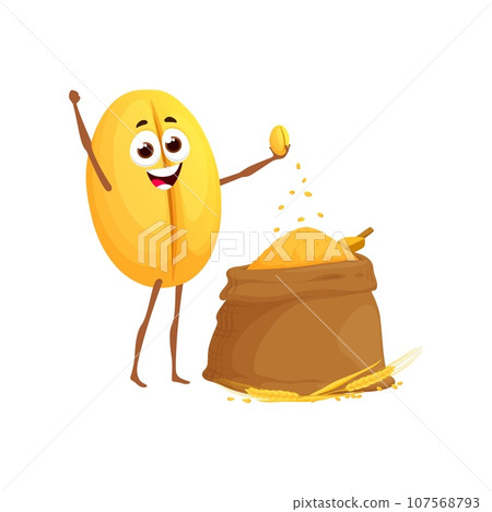 Wheat grain character, cartoon food for bread or flour, isolated vector. Wheat grain with funny smiling face and farm wheat harvest in bag, kids character for farming or natural food package Wheat grain character, cartoon food for bread or flour, isolated vector. Wheat grain with funny smiling face and farm wheat harvest in bag, kids character for farming or natural food package 107568793
