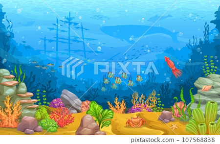 Cartoon sea underwater landscape. Marine water world background, sea animal and plants or seabed deep wildlife scene vector backdrop with sunken ship, whale, fish shoals silhouettes, squid, seaweeds 107568838