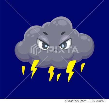 Cartoon cute lightning cloud weather character. Isolated vector grey fluffy cloud with grumpy face and yellow thunderbolt flashes going from the bottom. Overcast personage with gruff face expression 107568920