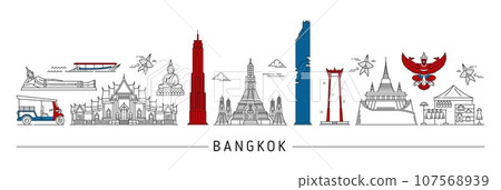 Bangkok silhouette. Thailand travel landmarks. Vector Bangkok city buildings skyline with asian culture and tourism symbols. Thin line temples, tuk tuk, boat, Buddha monuments, kites and skyscrapers 107568939
