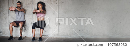 Couple, together and exercise for training on banner in mockup for health, wellness or gym. People, man and woman with wall sit for strength, endurance or power with vision, motivation and mindset 107568980