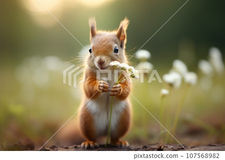 A little squirrel standing on two legs holding a flower. Generative AI 107568982