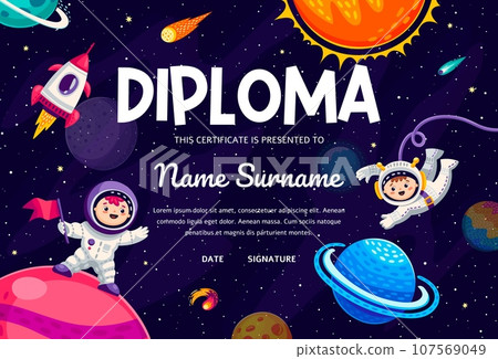 Kids diploma or certificate with cartoon kid astronauts in outer space, vector template background. Kid spaceman in galaxy with rocket spaceship and planets for kindergarten education diploma frame Kids diploma or certificate with cartoon kid astronauts in outer space, vector template background. Kid spaceman in galaxy with rocket spaceship and planets for kindergarten education diploma frame 107569049