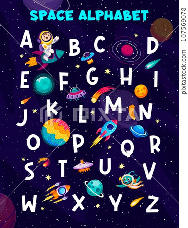 Cartoon space alphabet letters or english ABC for kids education, vector background. Kindergarten or school alphabet learning letters with kid spaceman astronaut, alien UFO and planets in sky 107569078