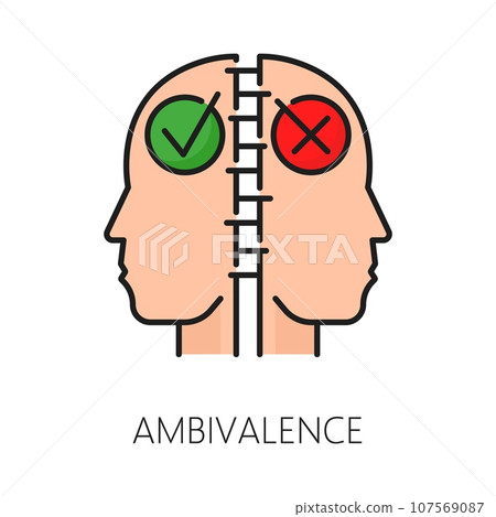 Ambivalence psychological disorder problem, mental health. Vector linear sign symbolizes conflicting emotions or thoughts, represented by a dual-faced figure, conveying complexity of human psychology Ambivalence psychological disorder problem, mental health. Vector linear sign symbolizes conflicting emotions or thoughts, represented by a dual-faced figure, conveying complexity of human psychology 107569087