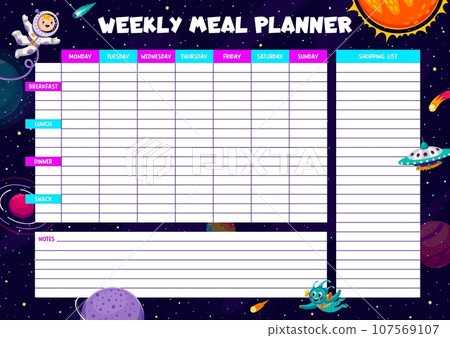 Weekly meal planner with astronaut and alien UFO in starry galaxy space, vector diet plan. Kid spaceman, rocket spaceship and space planets on weekly nutrition eating timetable or meal plan organizer 107569107