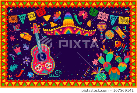 Mexican holiday banner or poster with sombrero, guitar and maracas, vector background. Mexico holiday fiesta or celebration party papel picado flags, chili pepper and burrito with cactus and flowers Mexican holiday banner or poster with sombrero, guitar and maracas, vector background. Mexico holiday fiesta or celebration party papel picado flags, chili pepper and burrito with cactus and flowers 107569141