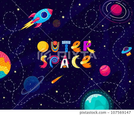Cartoon kids space background, rocket with trace and starry galaxy, vector poster. Outer space landscape with spaceship and planets in sky for kids space adventure and planetary galaxy discovery Cartoon kids space background, rocket with trace and starry galaxy, vector poster. Outer space landscape with spaceship and planets in sky for kids space adventure and planetary galaxy discovery 107569147
