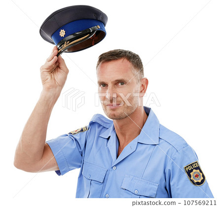 Portrait, police officer and man isolated on a white background, hat for leadership or safety in studio mockup. Security, law and compliance, professional person or attractive model in legal uniform 107569211