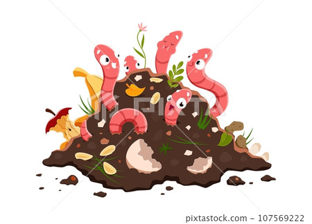Cartoon funny earth worm characters in compost, soil humus. Vermicomposting. Isolated vector earthworms with smiling faces stick out of pile with organic waste. Useful insect in garden, pest creatures 107569222