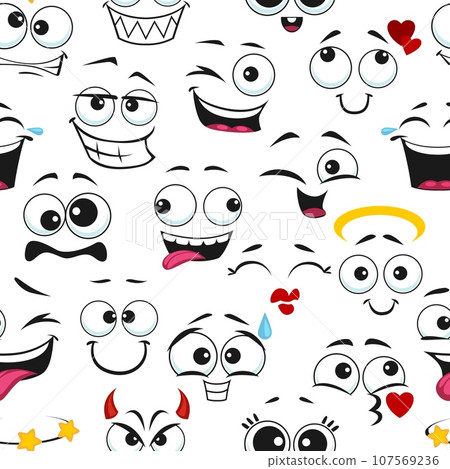 Cartoon funny emoji faces seamless pattern. Textile funny background, wallpaper or fabric vector print with smiling, foolish and blinking emoji faces, wrapping paper backdrop with facial expressions 107569236