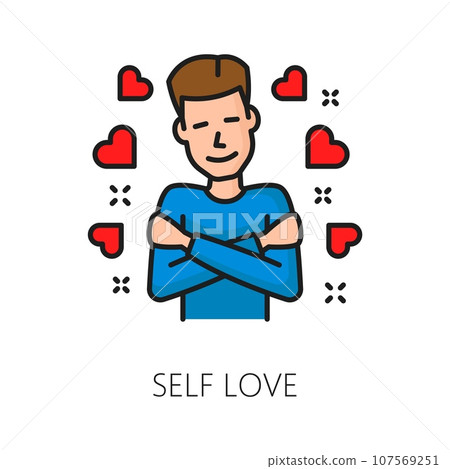Self love psychological disorder problem, mental health icon. Isolated vector thin line symbol of man embracing and cherishing oneself, promoting self-care, self-acceptance, and self-empowerment Self love psychological disorder problem, mental health icon. Isolated vector thin line symbol of man embracing and cherishing oneself, promoting self-care, self-acceptance, and self-empowerment 107569251