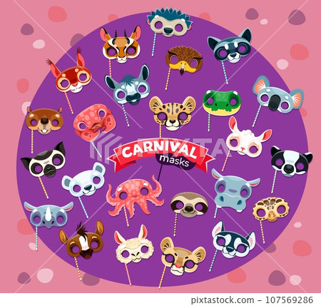 Cartoon animal carnival party masks or birthday holiday celebration costumes. Vector beaver, hedgehog, rhino and horse. Lamb, hippo, octopus or koala with sloth. Cheetah, gazelle, crocodile and eagle Cartoon animal carnival party masks or birthday holiday celebration costumes. Vector beaver, hedgehog, rhino and horse. Lamb, hippo, octopus or koala with sloth. Cheetah, gazelle, crocodile and eagle 107569286