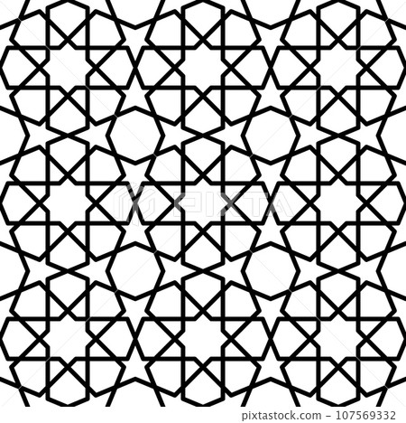 Mashrabiya Arabesque Arabic pattern or seamless islamic background, vector Arab ornament. Mashrabiya pattern of Arabesque mosaic ornament grid with linear symmetric pattern of Islamic motif tile 107569332