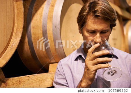 Wine, taste and a man in the cellar of a distillery on a farm for the production or fermentation of alcohol. Glass, industry and barrel with a male farmer drinking a beverage for quality control Wine, taste and a man in the cellar of a distillery on a farm for the production or fermentation of alcohol. Glass, industry and barrel with a male farmer drinking a beverage for quality control 107569362