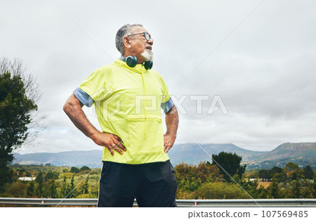 Thinking, fitness and outdoor with senior man, exercise and wellness with breathing, relax or tired. Old person, sky mockup or runner with fatigue, rest or outside with workout, training or fresh air 107569485