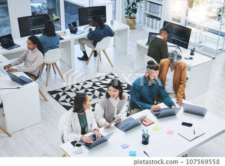 Coworking, laptop and startup staff with senior mentor and teamwork for online project. Planning, computer and working business people with digital market research for marketing company with boss Coworking, laptop and startup staff with senior mentor and teamwork for online project. Planning, computer and working business people with digital market research for marketing company with boss 107569558