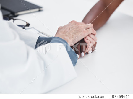 Empathy, trusts and holding hands of doctor and patient for medical, consulting and advice. Medicine, healthcare and help with closeup of people in hospital for depression, compassion and hope 107569645