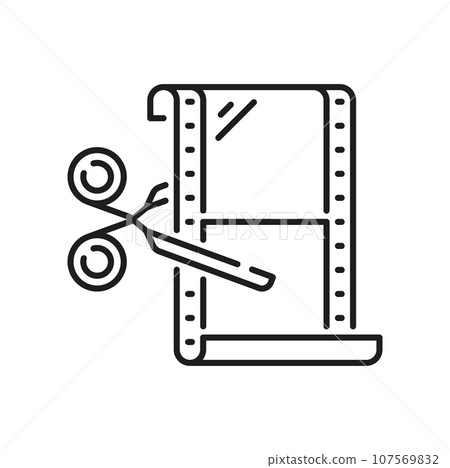 Cut film stripe by scissors isolated video production outline icon. Vector filmstrip ribbon, cutting snapshot cinematography bend tape 107569832