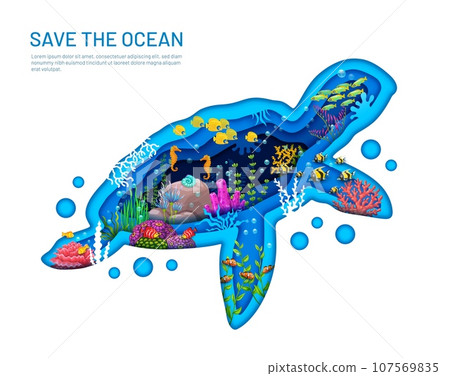 Underwater paper cut sea turtle silhouette with cartoon ocean landscape, vector poster. Save ocean and protect sea life environment, underwater protection and conservation poster in papercut layers 107569835