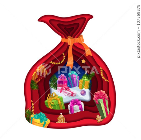 Christmas paper cut bag and gifts on snow, double exposition. Vector Xmas holiday papercut design with 3d effect frame in shape of sack with colorful presents, gingerbread bakery and garlands inside Christmas paper cut bag and gifts on snow, double exposition. Vector Xmas holiday papercut design with 3d effect frame in shape of sack with colorful presents, gingerbread bakery and garlands inside 107569879
