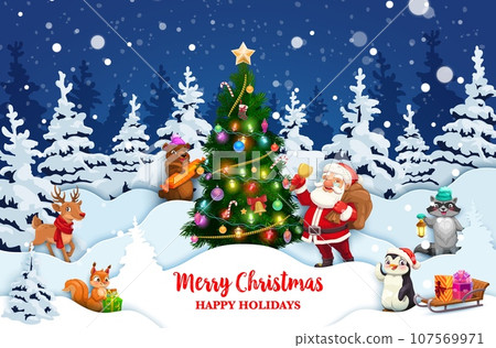 Christmas paper cut winter landscape, animals with gifts and cheerful Santa. Christmas holiday vector backdrop, paper cut wallpaper with funny cartoon Santa, deer, bear and penguin, raccoon, squirrel Christmas paper cut winter landscape, animals with gifts and cheerful Santa. Christmas holiday vector backdrop, paper cut wallpaper with funny cartoon Santa, deer, bear and penguin, raccoon, squirrel 107569971